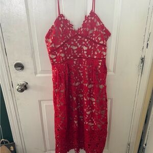 Red Lace Midi Dress